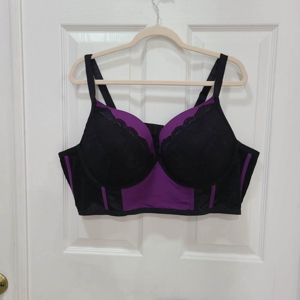 XO Push Up Plunge Longline Bra 48C Black and Purple Lace
